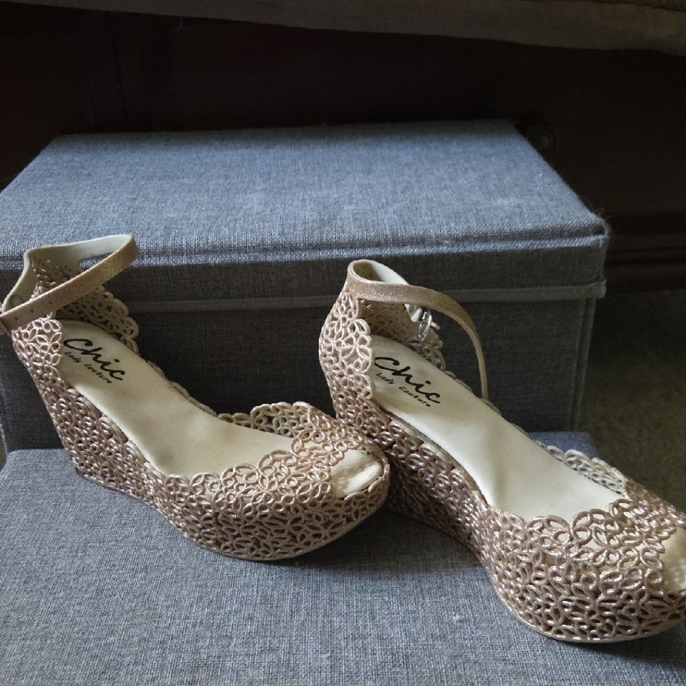 Chic Women's Gold Lace Wedge Sandals